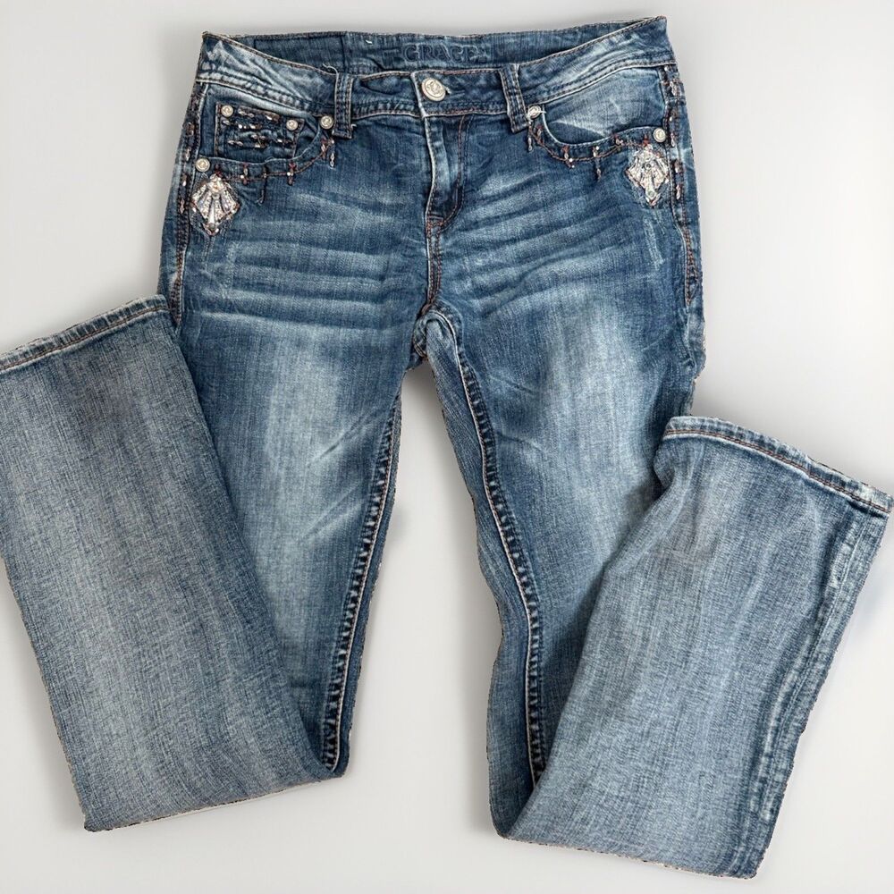 GRACE IN LA Easy Fit Mid Rise Bootcut Embellished, Sequins Jeans Size 30